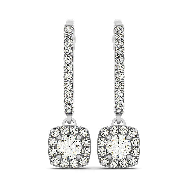 Pendientes colgantes de diamantes de talla cojín con halo en oro blanco de 14k (1/2 cttw)