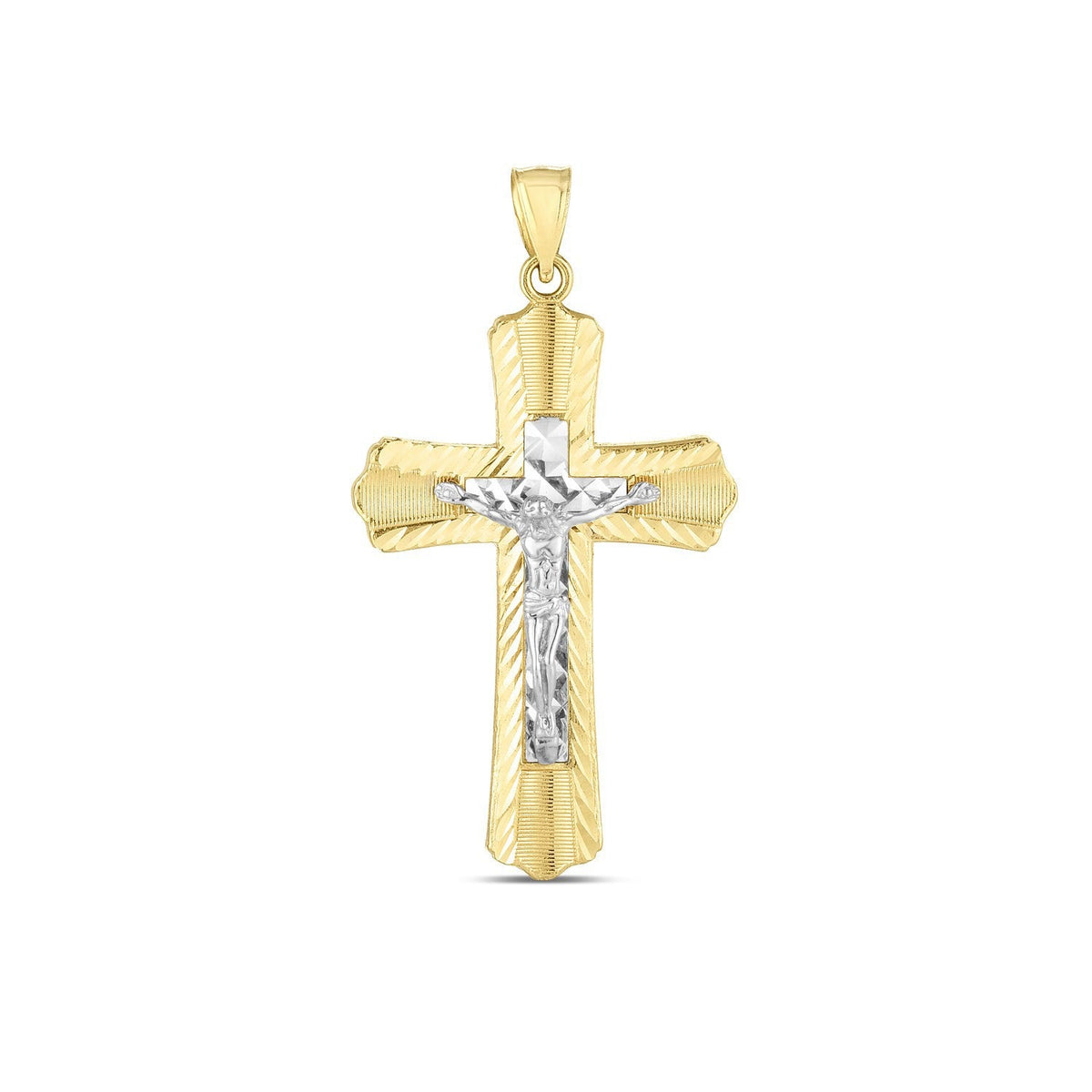 Colgante de cruz de oro de dos tonos de 14k con acabado pulido brillante y corte de diamante