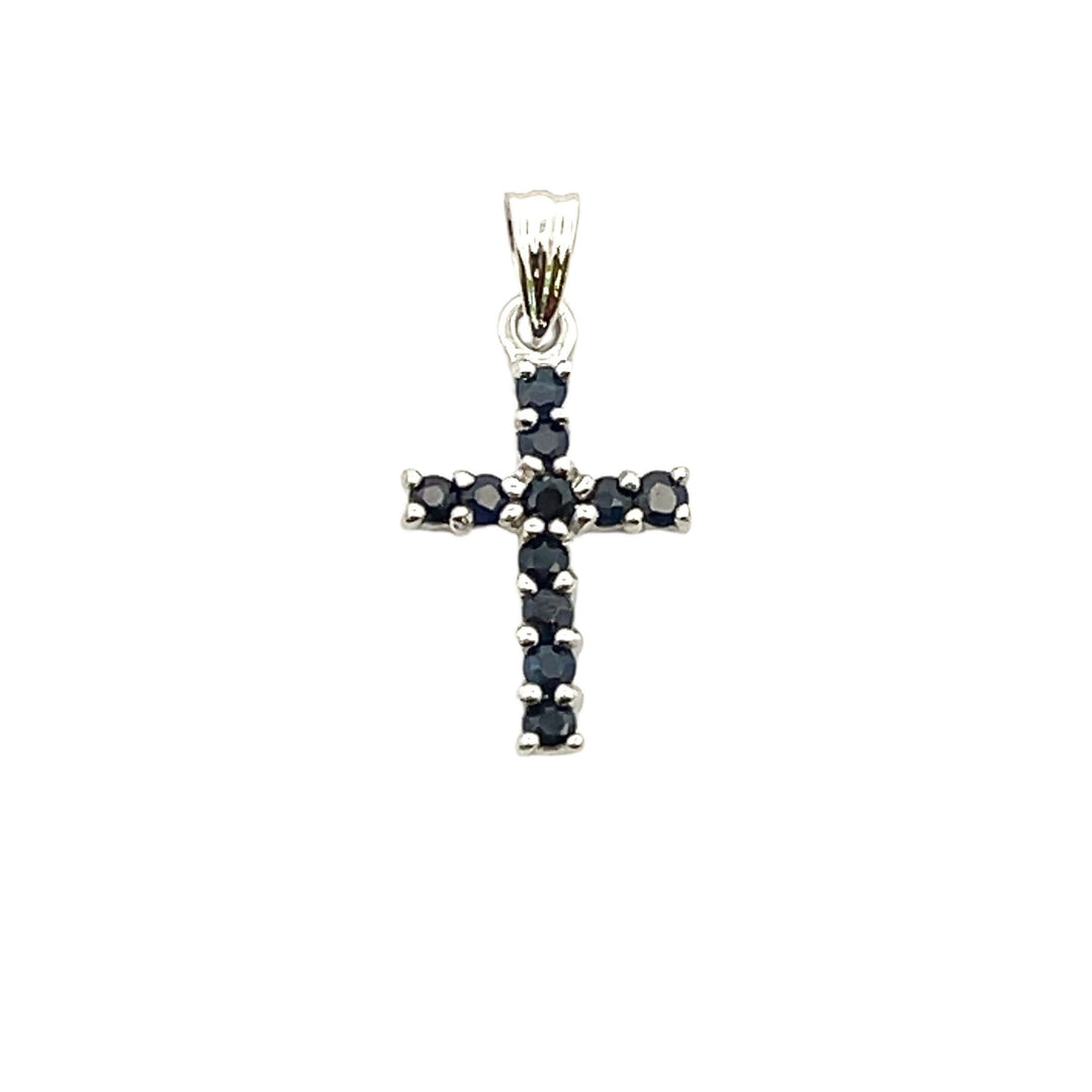 Colgante de cruz religiosa de zafiro de 0.21 ct en oro blanco de 10 kt