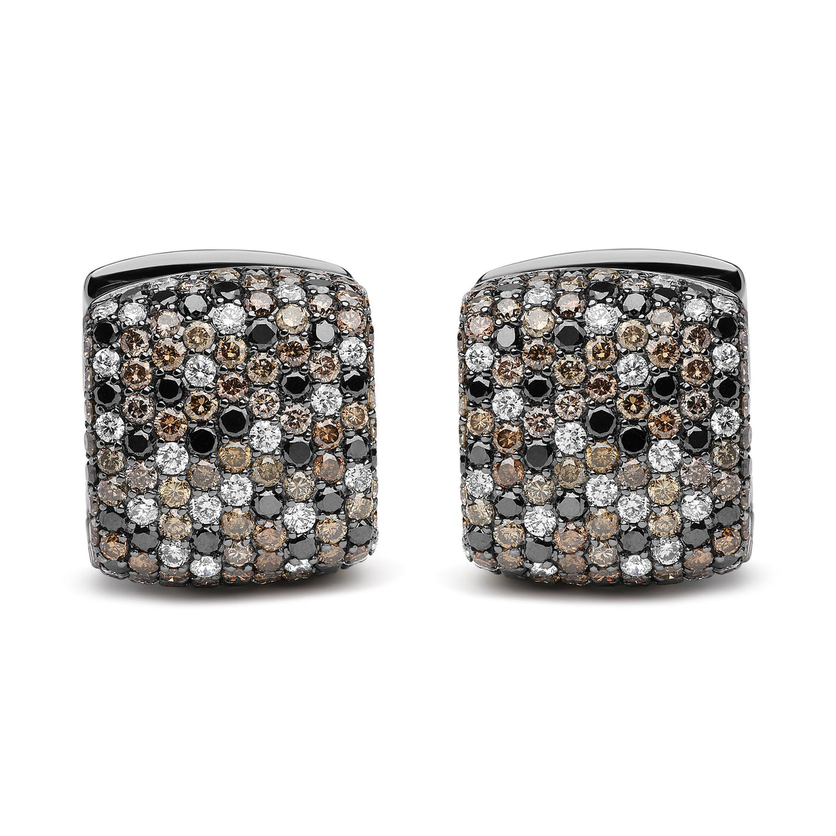 Pendientes Huggie Cuadrados Abovedados con Diamantes Multicolor de 12 5/8 Cttw en Oro Blanco de 18K con Baño de Rodio Negro (Marrón, Negro, Color G-H, Claridad SI1-SI2)