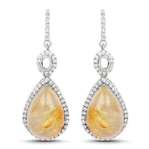 Pendientes de plata de ley .925 con rutilo dorado genuino y topacio blanco de 10.04 quilates