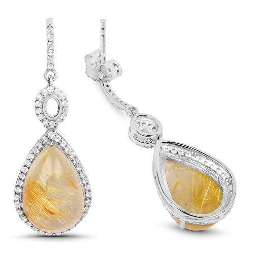 Pendientes de plata de ley .925 con rutilo dorado genuino y topacio blanco de 10.04 quilates