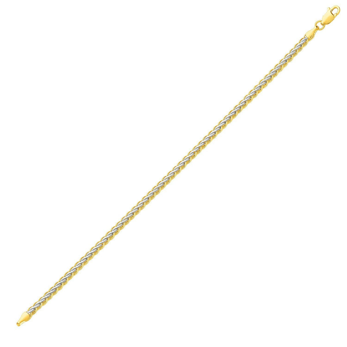 Pulsera de cadena fina de trigo bicolor en oro amarillo y blanco de 10k