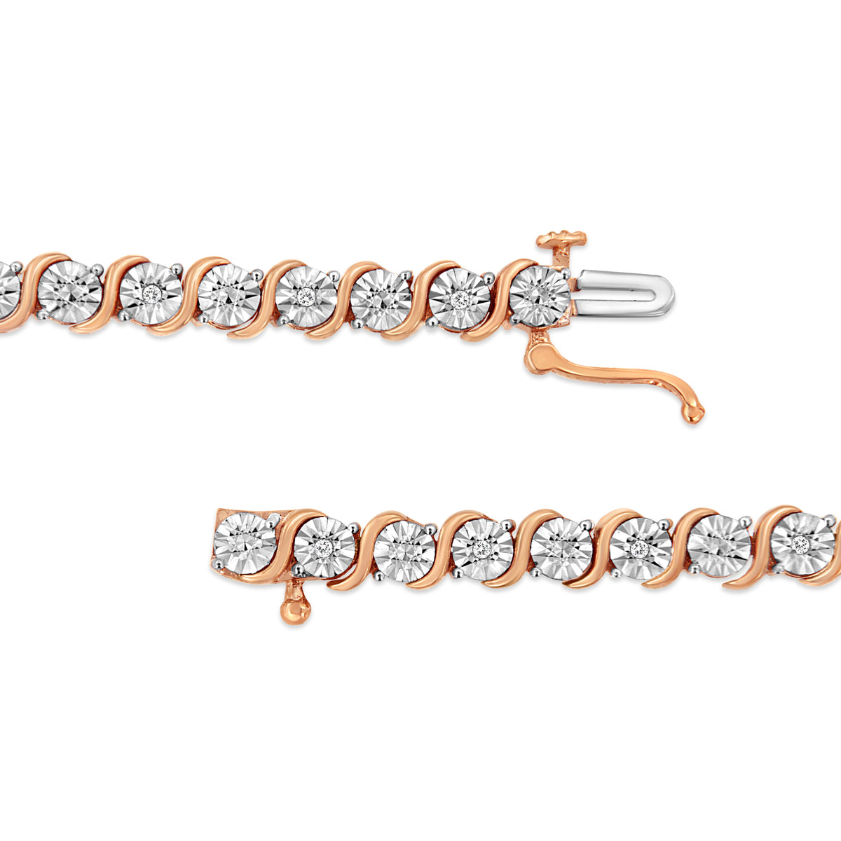 Pulsera de tenis de eslabones en "S" con placa de milagro redonda de diamante de 1/10 ct. (Color I-J, Claridad I2-I3) de plata de ley .925 chapada en oro rosa de 14K - 7"