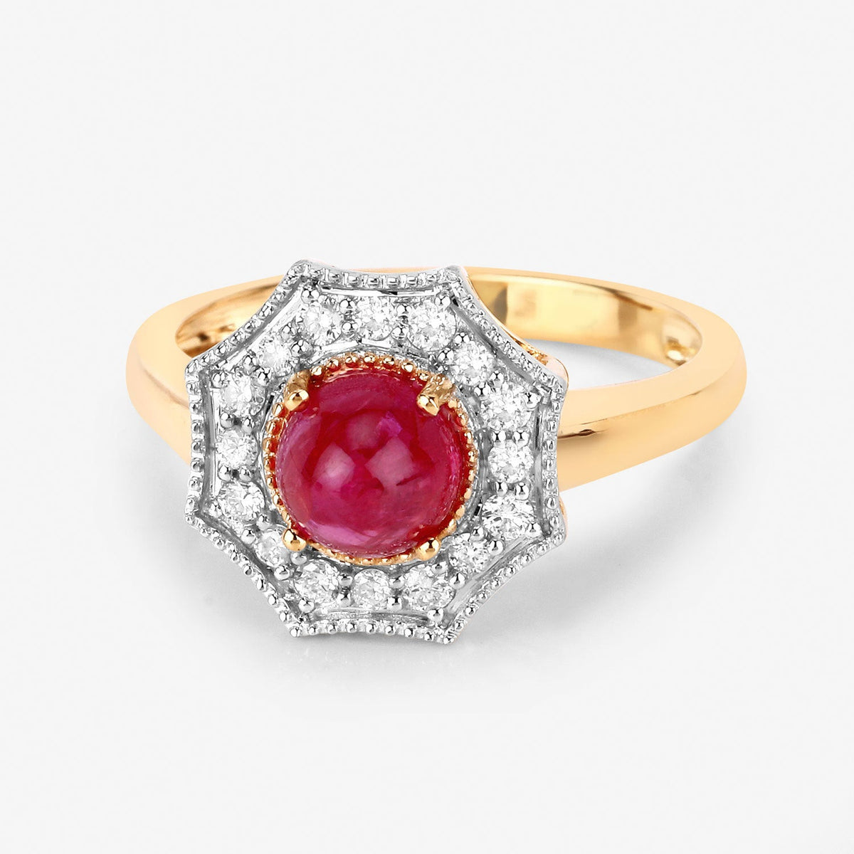 Anillo de oro amarillo de 14K con rubí genuino de 2,01 quilates y diamantes blancos