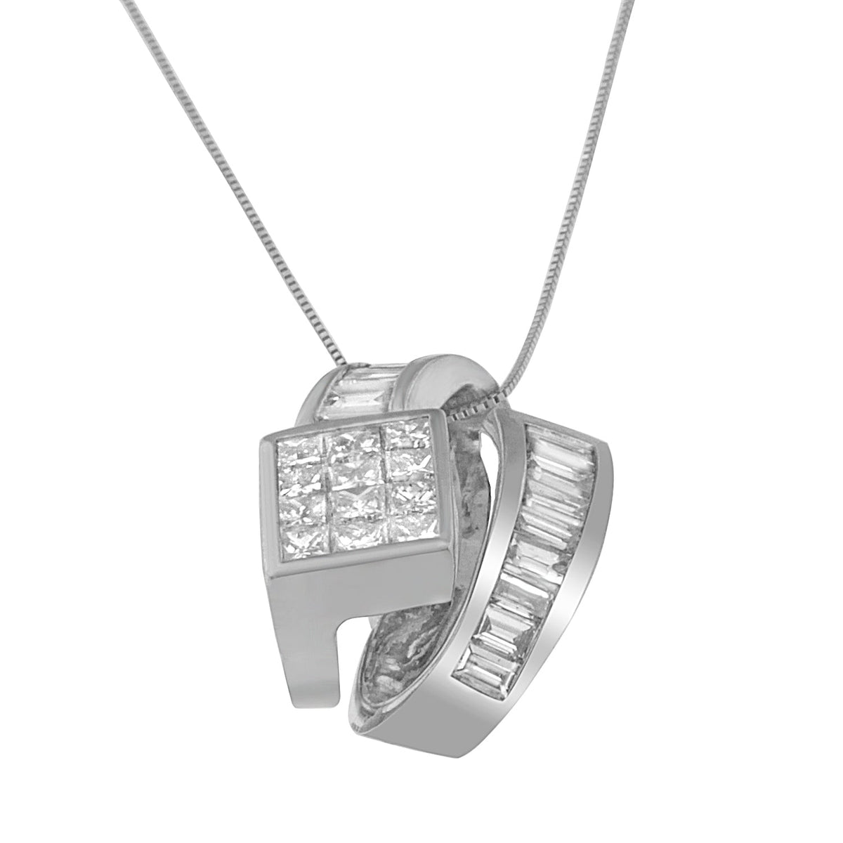 Collar con colgante de doble bucle con diamantes de talla princesa y baguette de 2 ct en oro blanco de 14K (G-H, VS1-VS2)