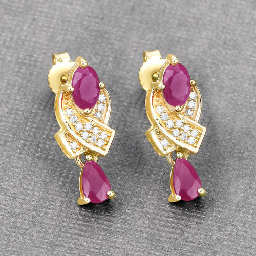 Pendientes de oro amarillo de 14 quilates con rubí genuino de 1,12 quilates y diamantes blancos