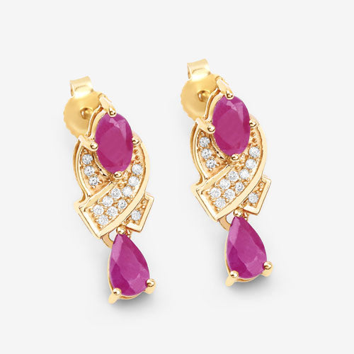 Pendientes de oro amarillo de 14 quilates con rubí genuino de 1,12 quilates y diamantes blancos