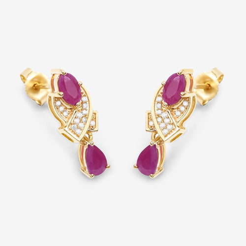 Pendientes de oro amarillo de 14 quilates con rubí genuino de 1,12 quilates y diamantes blancos