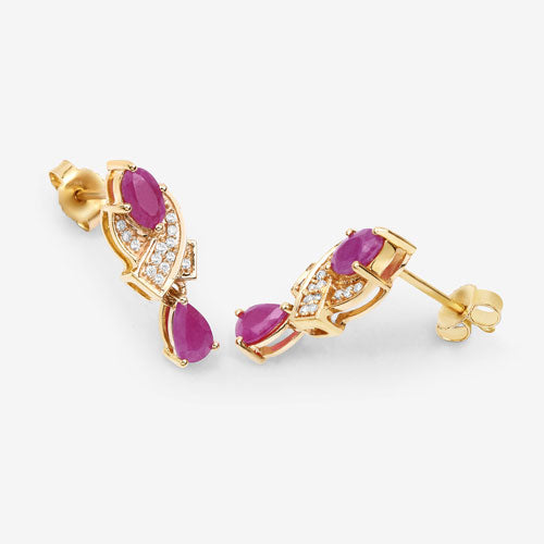 Pendientes de oro amarillo de 14 quilates con rubí genuino de 1,12 quilates y diamantes blancos