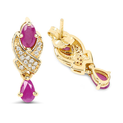 Pendientes de oro amarillo de 14 quilates con rubí genuino de 1,12 quilates y diamantes blancos