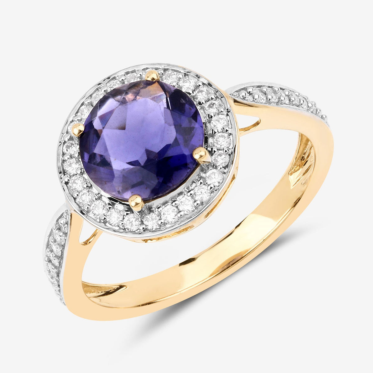 Anillo de oro amarillo de 14K con iolita genuina de 1,79 quilates y diamantes blancos