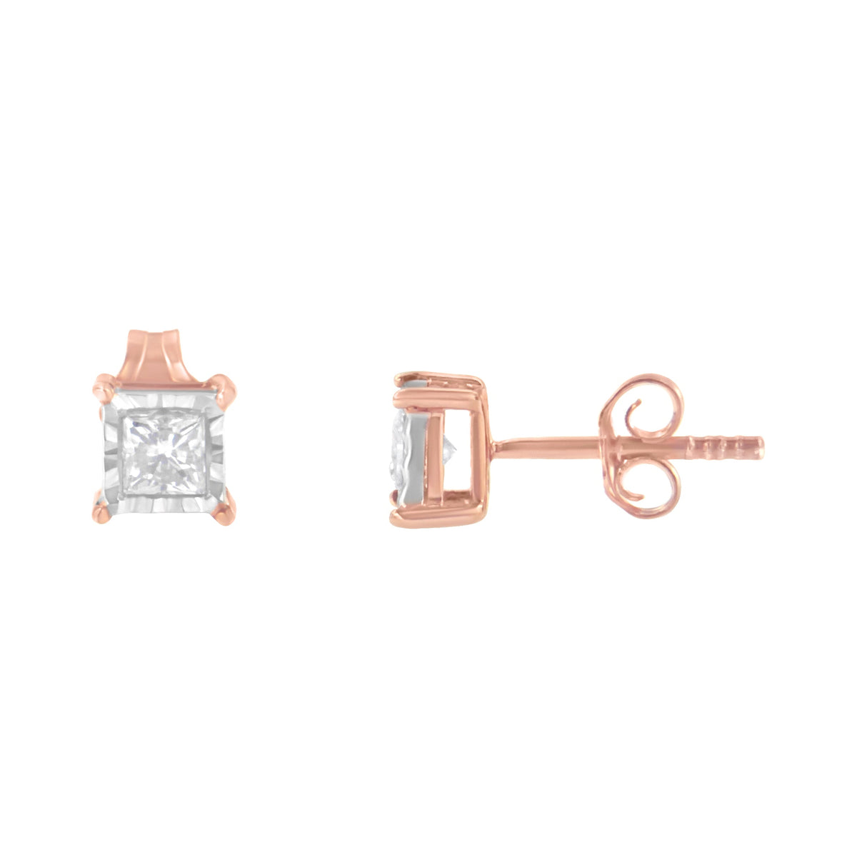 Pendientes de botón con solitario de diamante talla princesa de 0,50 ct. en total, chapados en oro rosa de 14K de dos tonos, plata de ley .925, montura de ilusión (color J-K, claridad I2-I3)