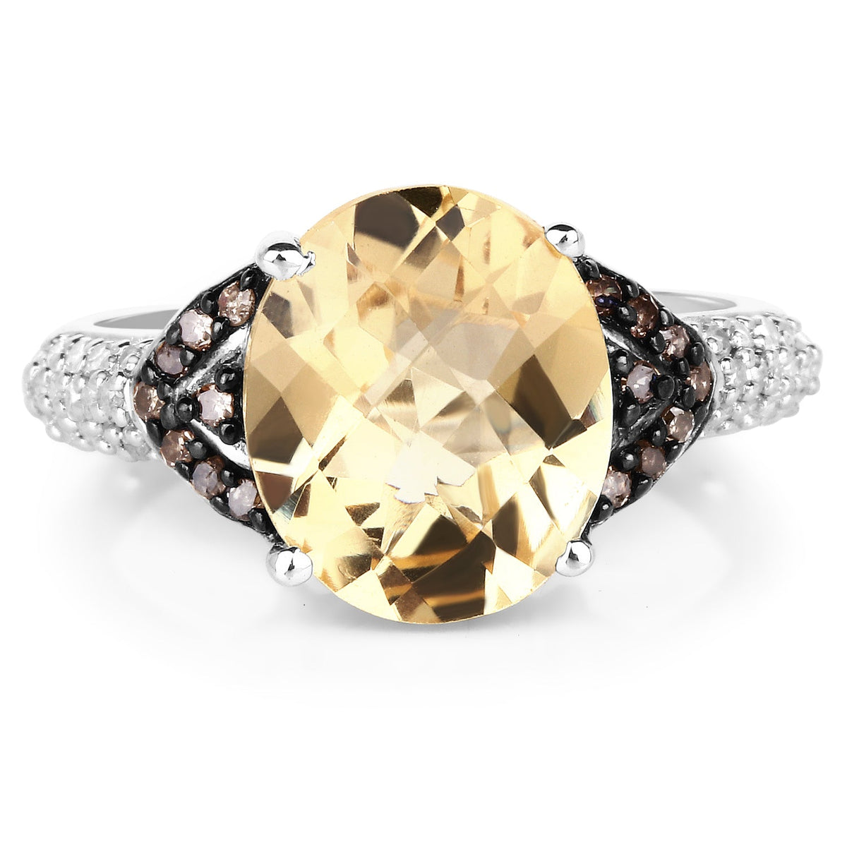 Anillo de plata de ley .925 con citrino genuino de 4.65 quilates, diamantes color champán y diamantes blancos