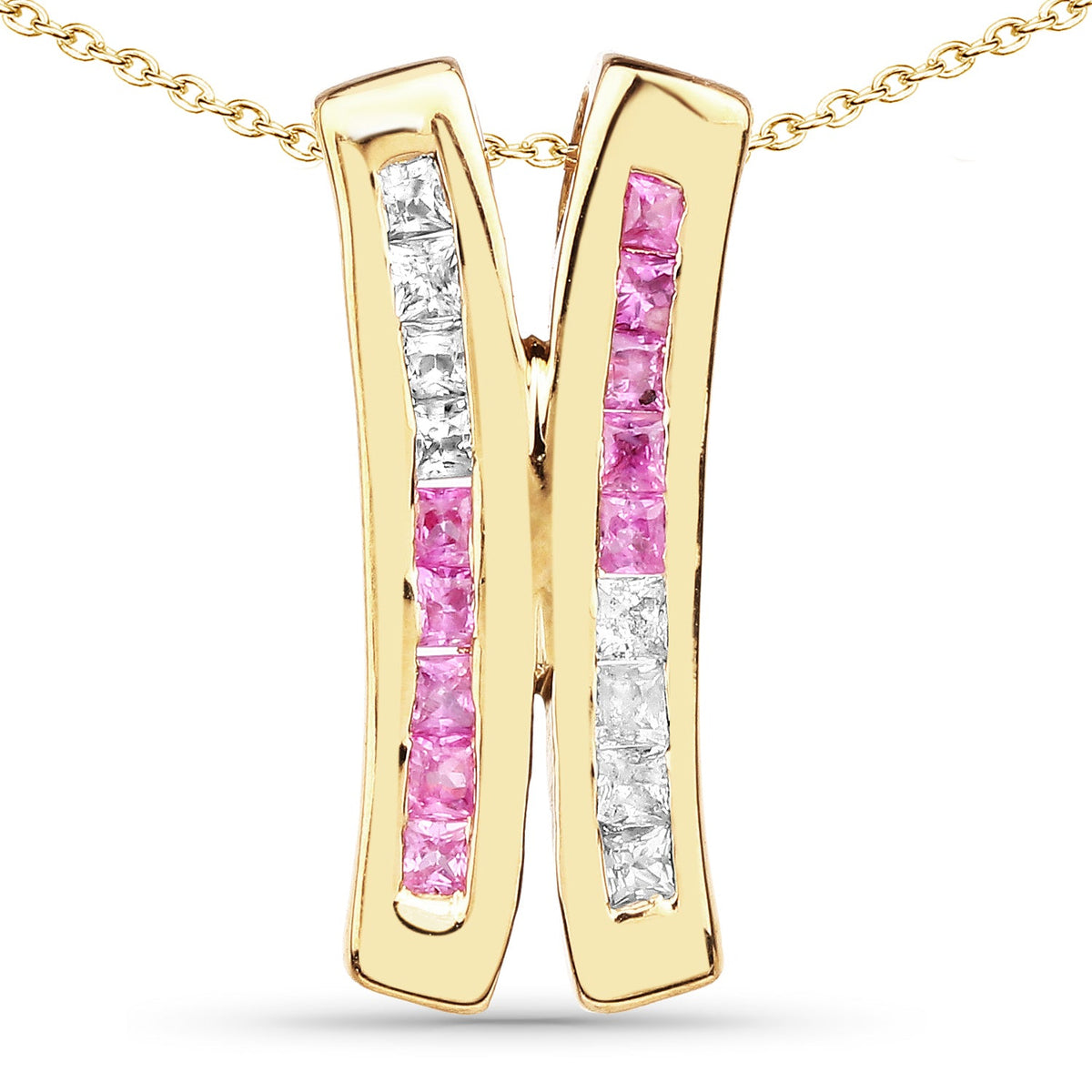 Colgante de plata de ley .925 con baño de oro amarillo de 14 quilates, zafiro rosa genuino de 1.08 quilates y zafiro blanco