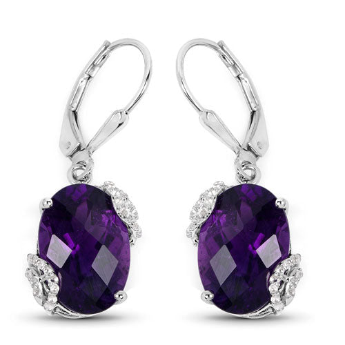 Pendientes de Plata Fina .925 con Amatista Genuina de 10,18 Quilates y Topacio Blanco