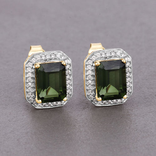 Pendientes de oro amarillo de 14 quilates con turmalina verde genuina de 3,57 quilates y diamantes blancos