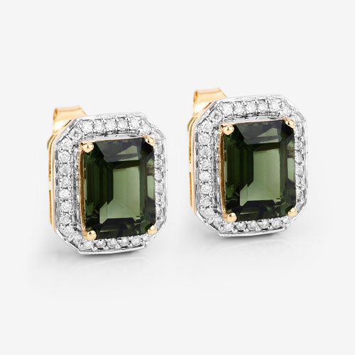 Pendientes de oro amarillo de 14 quilates con turmalina verde genuina de 3,57 quilates y diamantes blancos