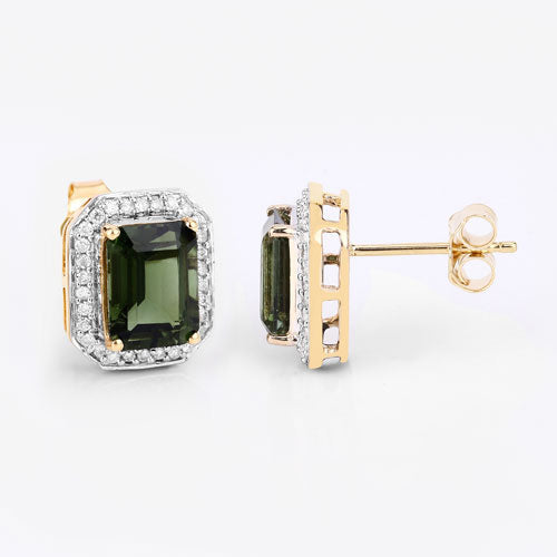 Pendientes de oro amarillo de 14 quilates con turmalina verde genuina de 3,57 quilates y diamantes blancos