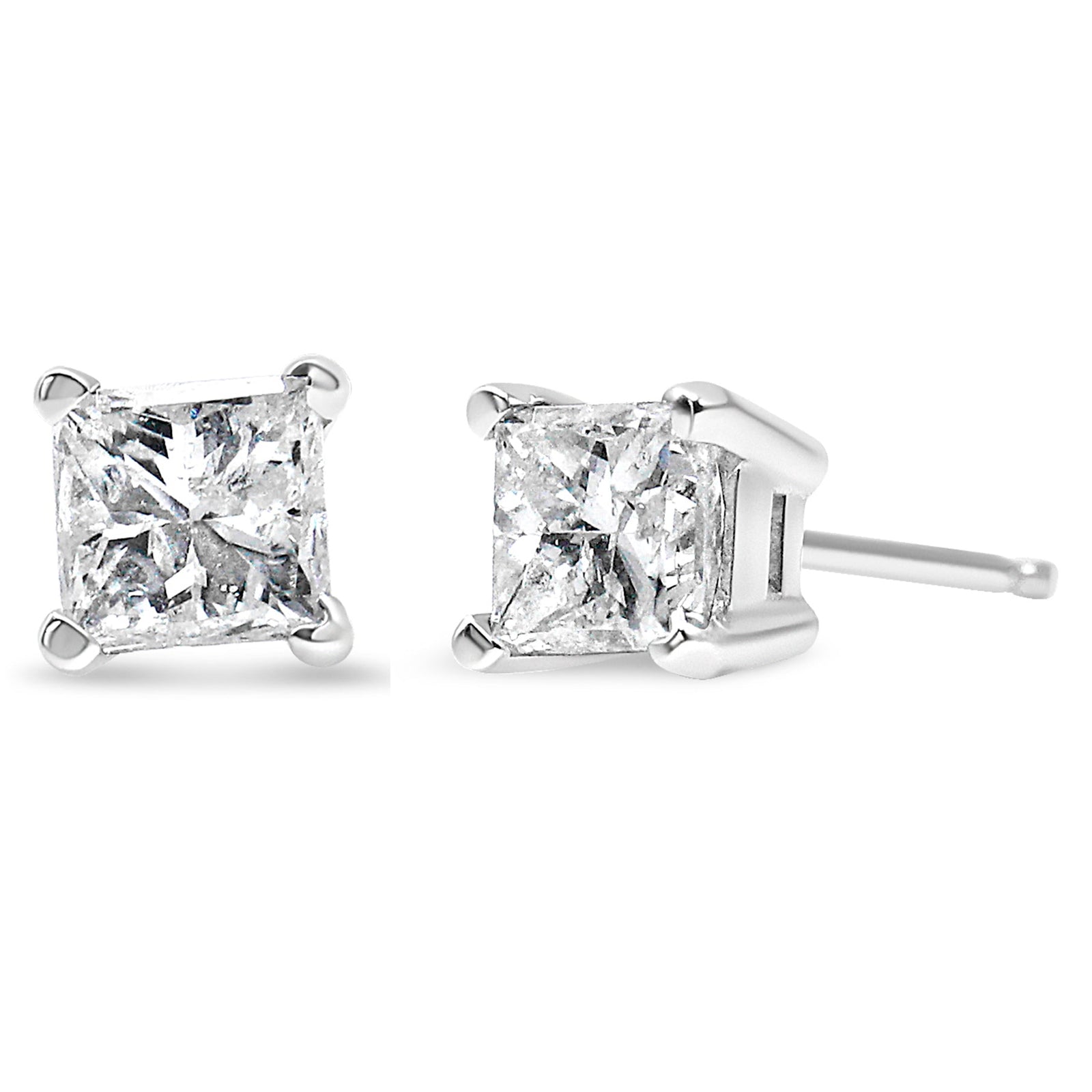 Aretes de oro blanco de 14K con diamante de talla princesa de 2/5 Cttw, montura de 4 puntas y solitario, certificados por AGS (color L-M, claridad I1-I2)