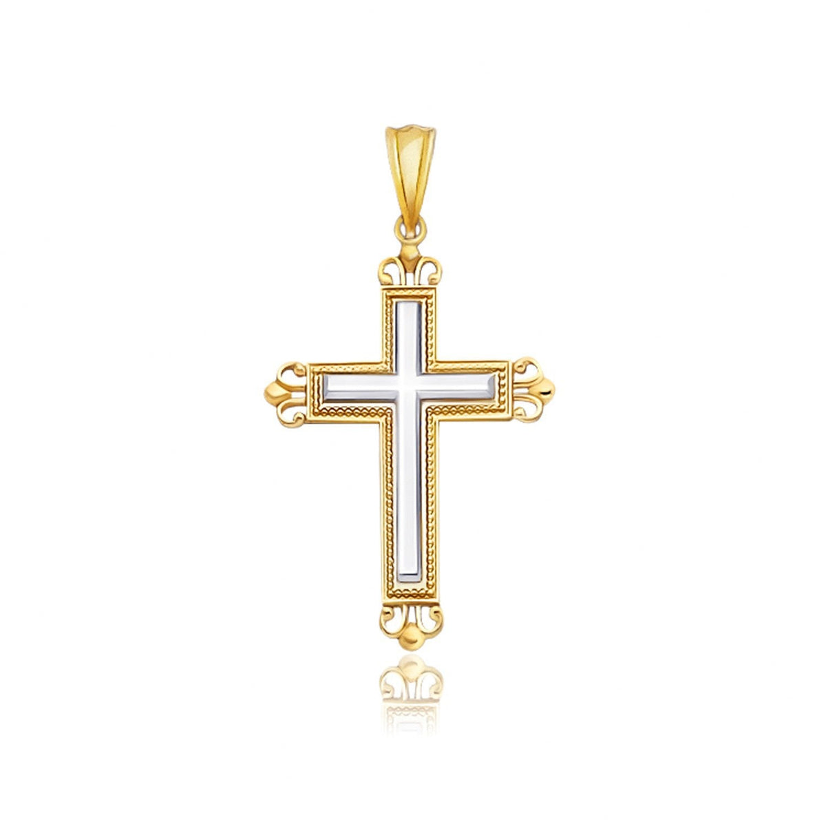 Colgante de cruz de oro bicolor de 14k con un estilo ornamentado de brotes