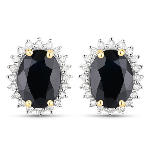 Pendientes de oro amarillo de 14 quilates con zafiro azul genuino de 3,32 quilates y diamantes blancos