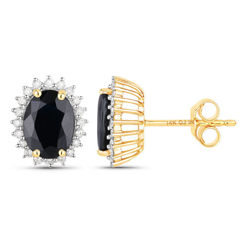 Pendientes de oro amarillo de 14 quilates con zafiro azul genuino de 3,32 quilates y diamantes blancos
