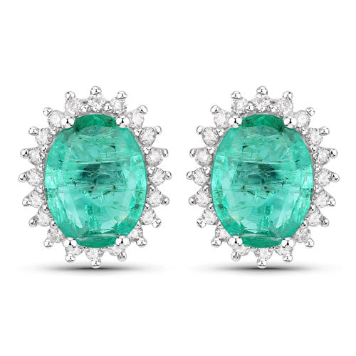 Pendientes de oro blanco de 14 quilates con esmeralda zambiana auténtica de 2,66 quilates y diamantes blancos