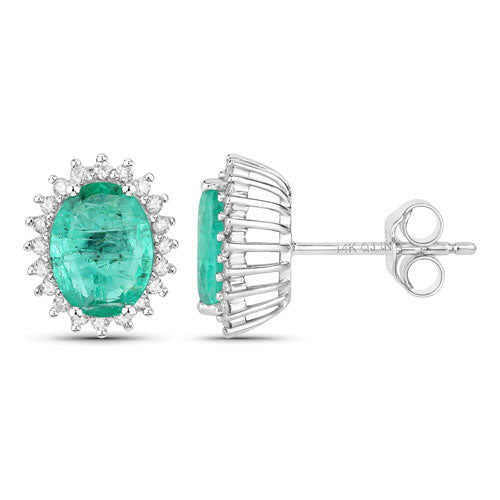 Pendientes de oro blanco de 14 quilates con esmeralda zambiana auténtica de 2,66 quilates y diamantes blancos