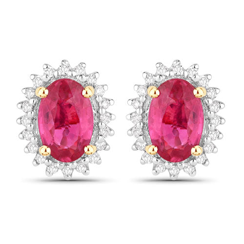 Pendientes de oro amarillo de 14 quilates con rubí auténtico de 1,16 quilates y diamantes blancos