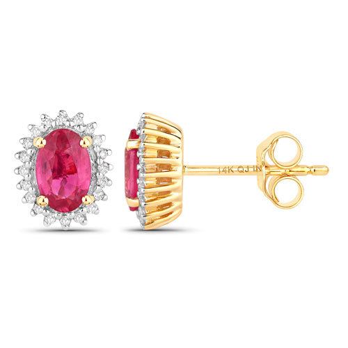 Pendientes de oro amarillo de 14 quilates con rubí auténtico de 1,16 quilates y diamantes blancos