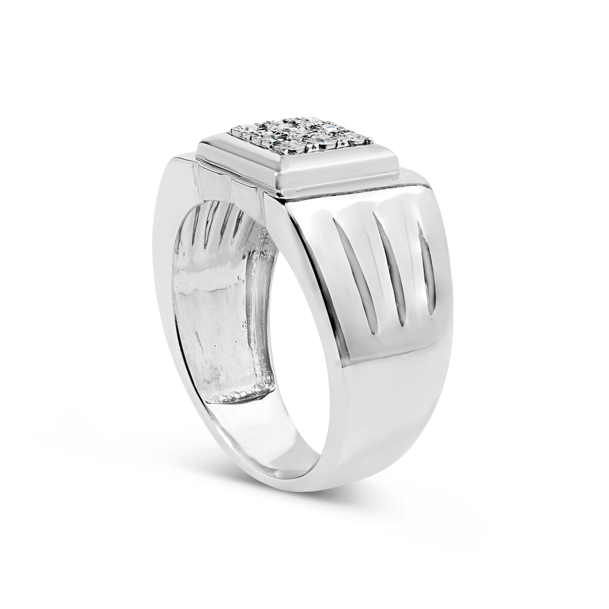 Anillo de moda para hombre de plata esterlina .925 con acentos de diamante en engaste milagro de 9 piedras y banda estriada (color I-J, claridad I3) - Talla 10