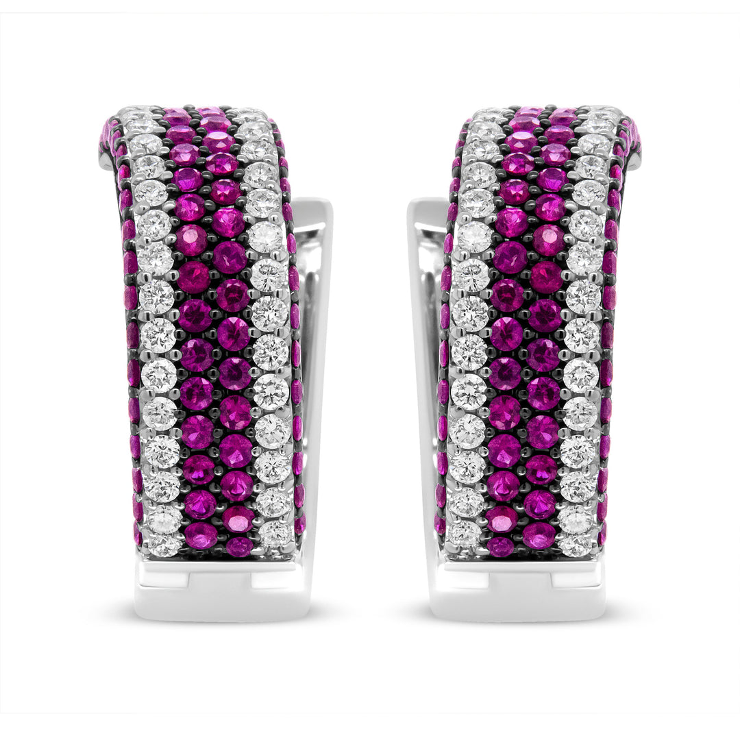 18K White Gold 1 7/8 Cttw Diamond and 1mm Round Red Ruby Open Swish Hoop Earrings (F-G Color, VS1-VS2 Clarity)
