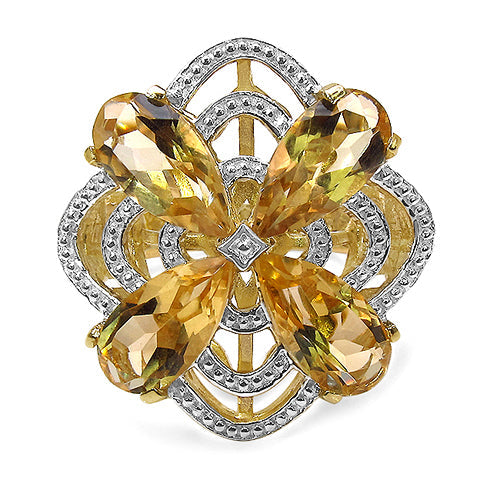 Anillo de plata de ley .925 con citrino genuino de 8.81 quilates y diamantes blancos, chapado en oro amarillo de 14 quilates