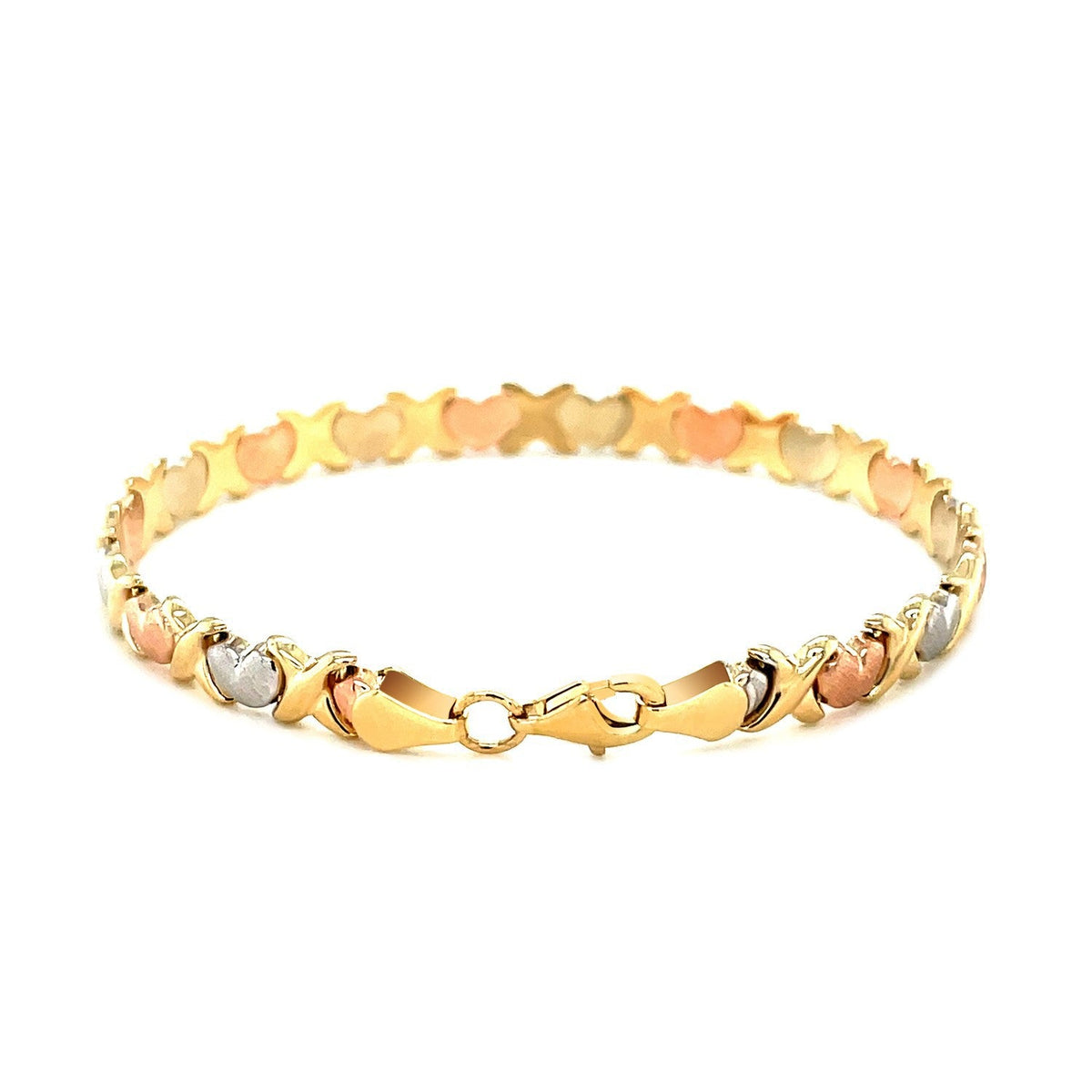 Pulsera de línea de corazones elegante satinada de oro tricolor de 14k