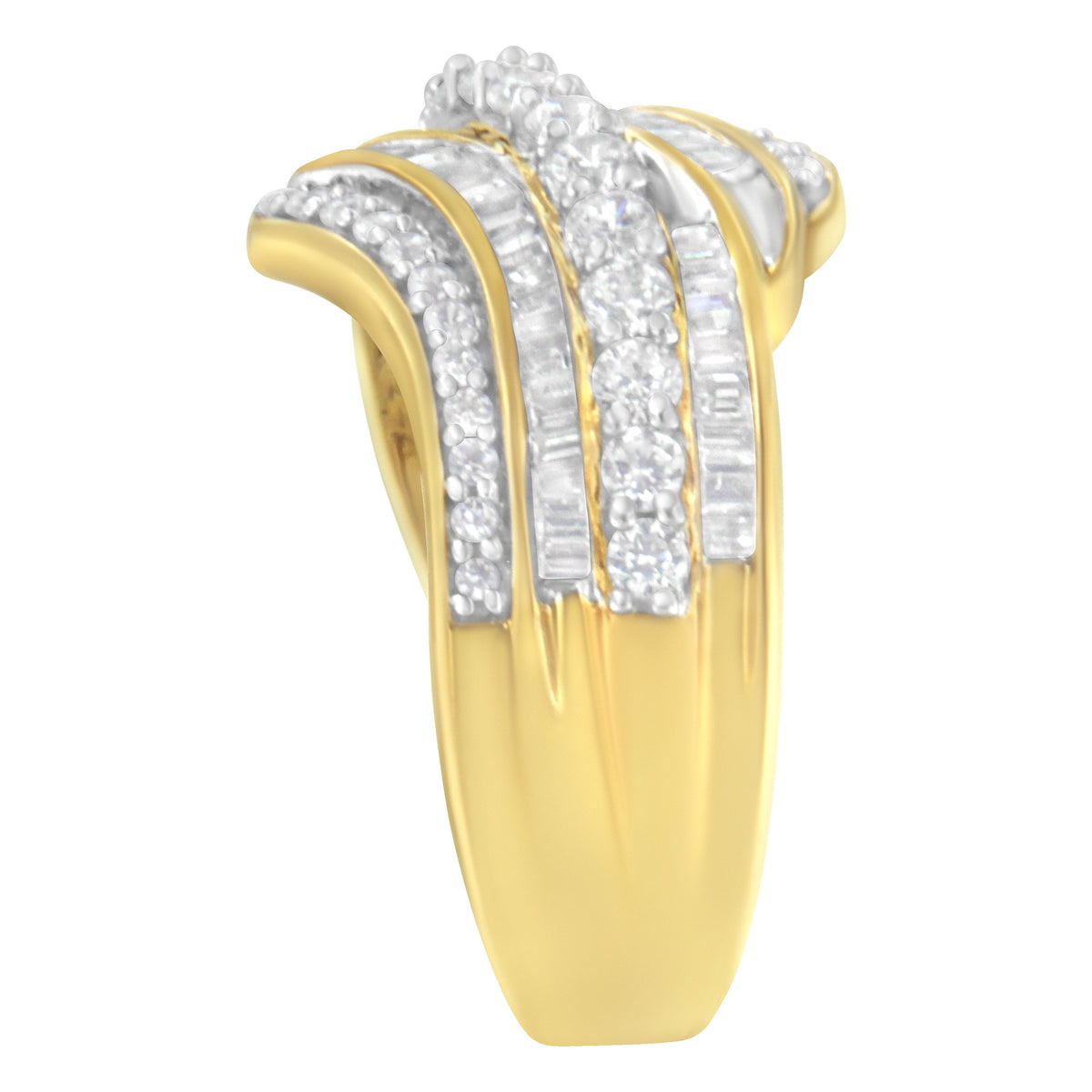Anillo de oro amarillo de 10K con diamantes baguette y redondos de 1,0 Cttw en forma de onda multi-hilera (Color I-J, Claridad I1-I2) - Talla de anillo 7