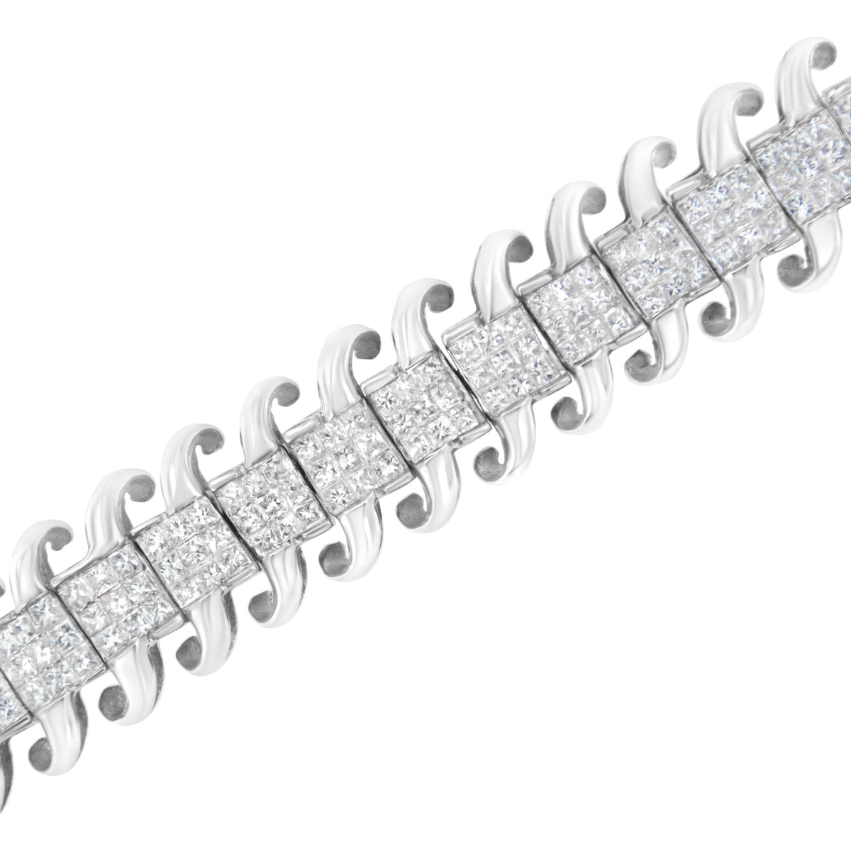 Pulsera de tenis de oro blanco de 14 quilates con diamantes de talla princesa de 5,0 quilates engastados invisibles en forma de S ondulada de 7" (color G-H, claridad SI1-SI2)