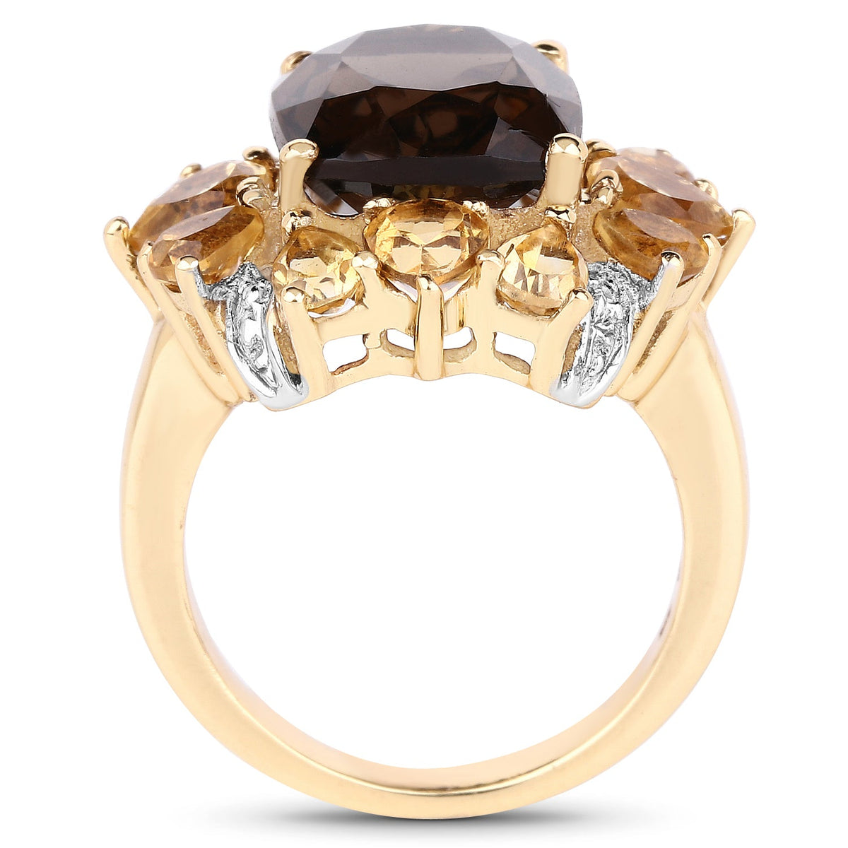 Anillo de latón chapado en oro amarillo de 14 quilates con cuarzo ahumado, citrino y topacio blanco genuinos de 7,10 quilates