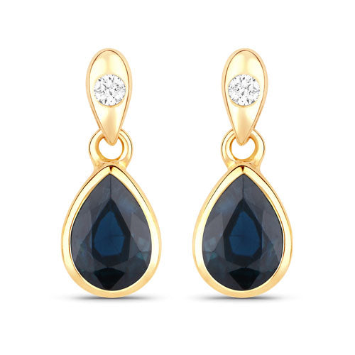 Pendientes de oro amarillo de 10K con zafiro azul genuino de 1.65 quilates y diamantes blancos