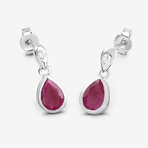 Pendientes de oro blanco de 10 quilates con rubí genuino de 1,65 quilates y diamantes blancos