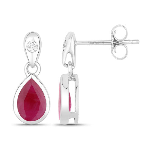 Pendientes de oro blanco de 10 quilates con rubí genuino de 1,65 quilates y diamantes blancos