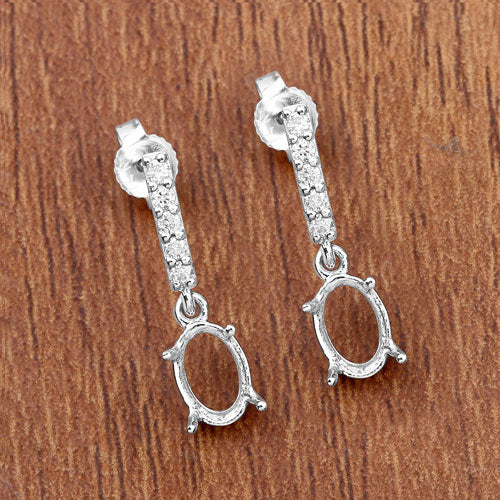 Pendientes de oro blanco de 14 quilates con montura de diamantes blancos genuinos de 0,14 quilates - admiten gemas ovaladas de 7x5 mm