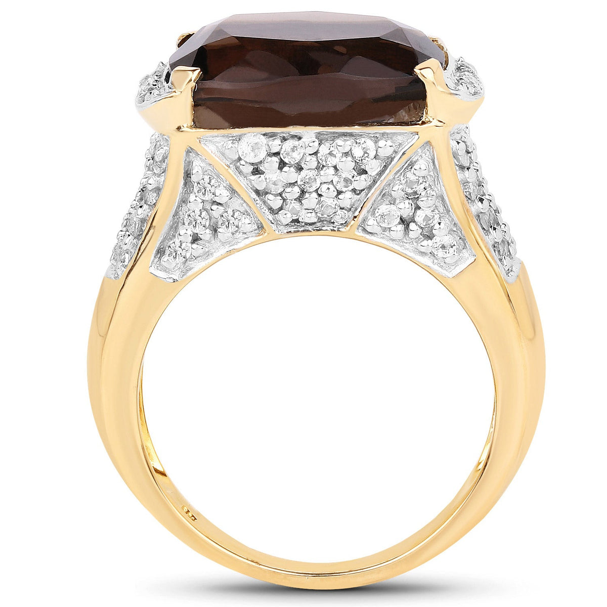 Anillo de Plata Fina de .925 con Cuarzo Ahumado Genuino de 6.65 Quilates y Topacio Blanco
