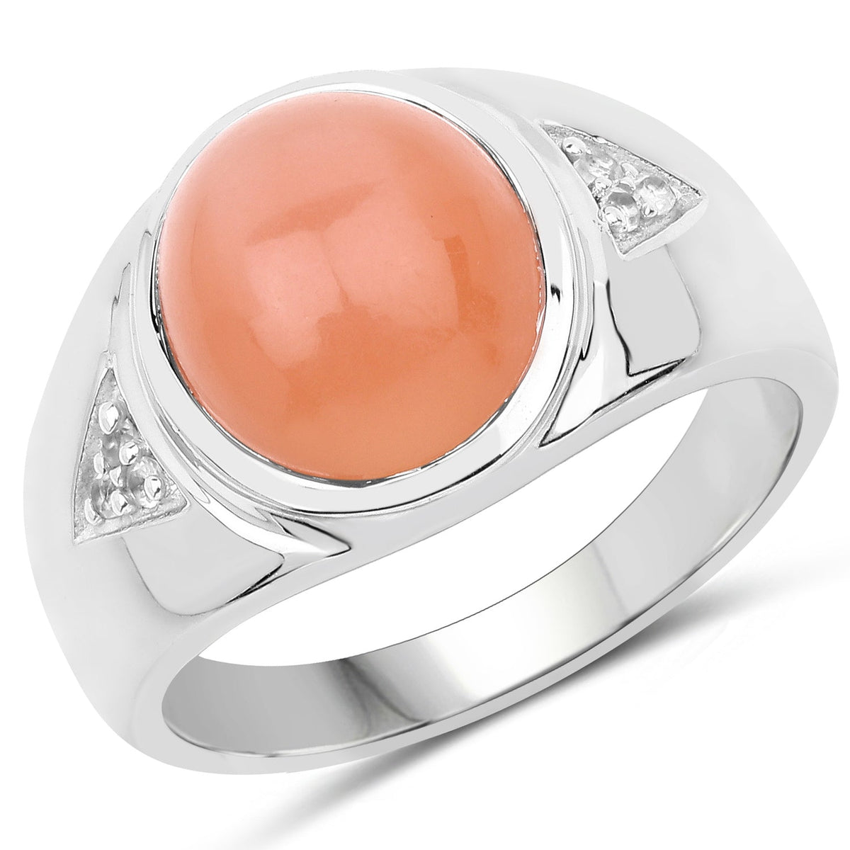 Anillo de plata de ley .925 con piedra lunar melocotón auténtica de 6.59 quilates y topacio blanco