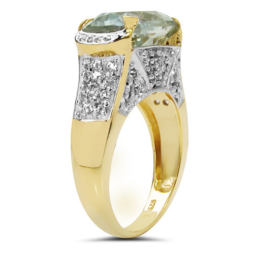 Anillo de plata de ley .925 con amatista verde genuina de 6,81 quilates y topacio blanco, chapado en oro amarillo de 14 quilates