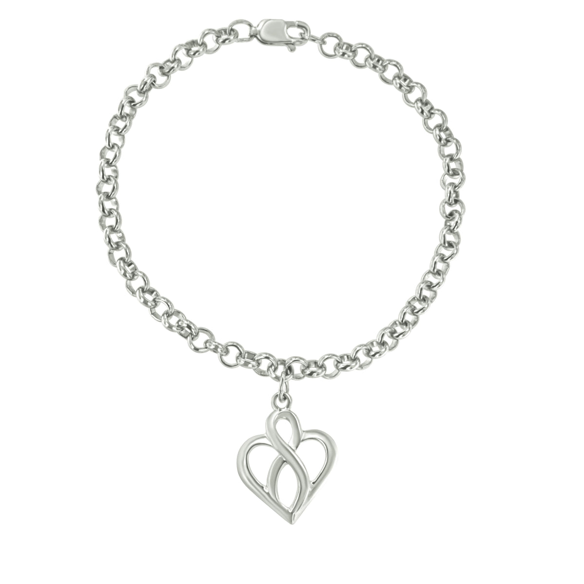 Pulsera con dije de cadena de plata esterlina .925 con corazón abierto e infinito vertical central - Talla 7"