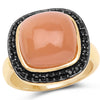 Anillo de plata de ley con piedra lunar melocotón de 7,50 ct. (peso total) y espinela negra, chapado en oro amarillo de 14K