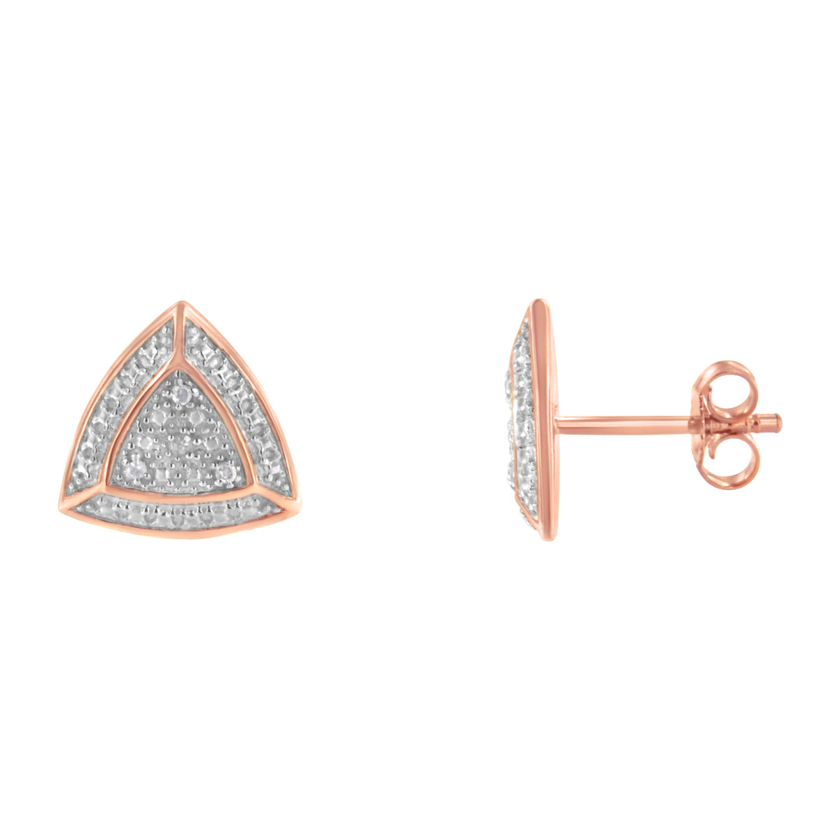 Pendientes de tuerca con forma de trillón y halo de 4 piedras de plata de ley .925 con baño de oro rosa de 14K y acentos de diamante (color H-I, claridad I2-I3)