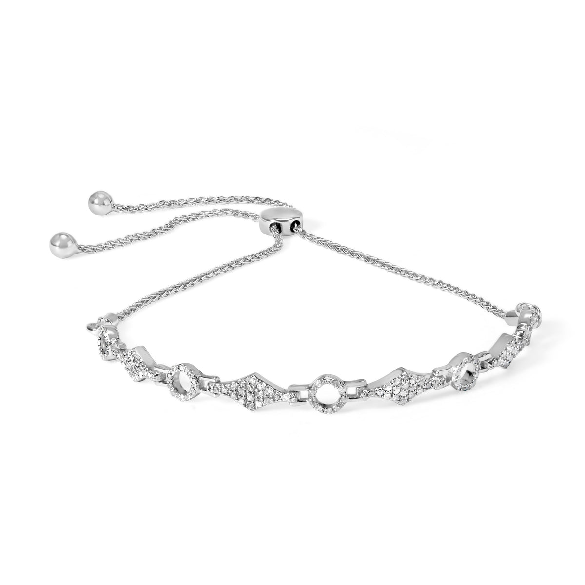 Pulsera bolo ajustable de plata de ley .925 con 1/2 quilate total de diamante, eslabones alternos de círculo y cometa (color I-J, claridad I3) - 4 a 10 pulgadas