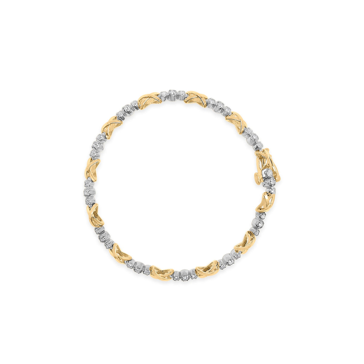 Pulsera de oro de dos tonos de 10K con 1/2 quilate total de diamantes de tres piedras alternadas y eslabones en "X" de 17.78 cm (Color I-J, Claridad I2-I3)
